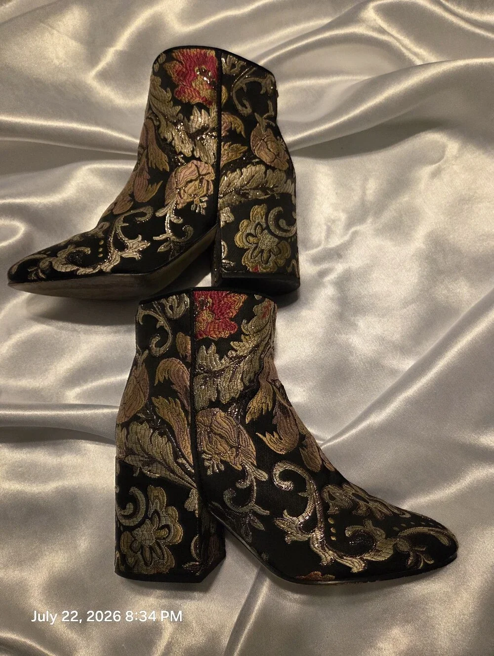 Sam Edelman Black Brocade Floral Ankle Boots with Gold and Pink Embroidery